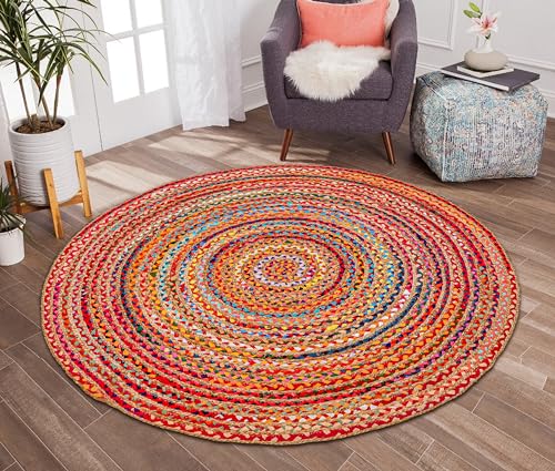 Hausattire Bohemian Braided Rug 3' Round - Multi Color, Small Farmhouse Jute Cotton Area Rag Rugs for Kids Bedroom, Playroom | Colorful Circle Hand Woven Cute Accent Mat - color: Multi Color, size: 3' (Round)