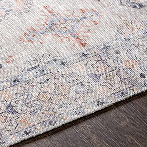 Hauteloom Beckett Machine Washable Area Rug - Distressed Border Medallion Diamond Floral - Traditional Oriental Transitional Oushak - Beige, Brick Red, Navy, Cream, Gray - 5'3" x 7' - color: Beige, Brick Red, Navy / Beckett, size: 5'3" x 7' (Rectangular)