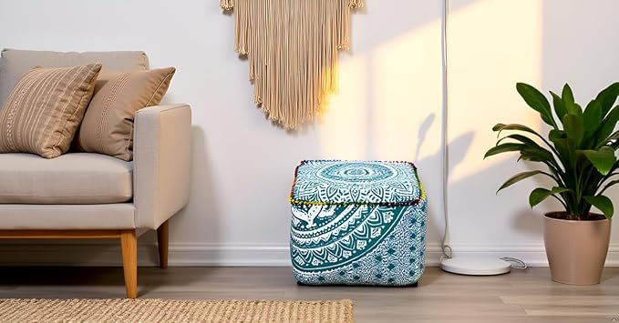 CRAFT KALA Mandala Meditation Floor Pillows Square Pillow Cover Seating Hippie Decorative Adults Bohemian Floor Cushion Cover Outdoor Living Room Throw Ottoman Poufs Cover 18X18X14 inches, Green Ombre