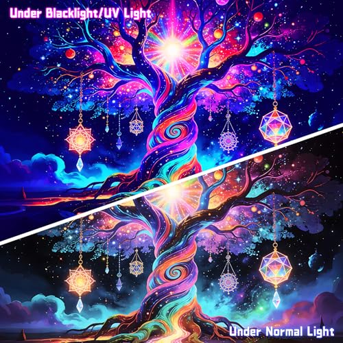 AOHMPT Blacklight Tree of Life Tapestry Trippy Fluorescent Wall Hanging Psychedelic Rainbow Galaxy Glow in the Dark Crystal Starry Night Tapestries for Bedroom Decor, 79x59 In - color: Tree(4), size: 79"L x 59"W