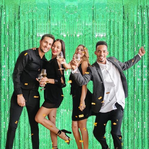 2 Pack 3.2ft x 8.2ft Green Foil Fringe Curtain, Metallic Tinsel Foil Fringe Rain Curtain Streamers Photo Backdrop for St Patricks Day Decorations Birthday Christmas Jungle Safari Tropical Party Decor - color: Green