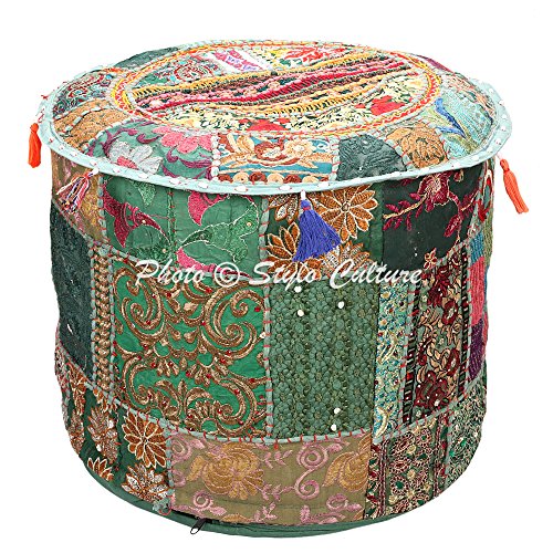 Ethnic Pouffe Ottoman Round Cover Indian Patchwork Embroidered Pouf Green Cotton Floral Traditional Furniture Footstool Seat Puff (16x16x13) Bean Bag Home Decor
