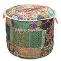 Ethnic Pouffe Ottoman Round Cover Indian Patchwork Embroidered Pouf Green Cotton Floral Traditional Furniture Footstool Seat Puff (16x16x13) Bean Bag Home Decor