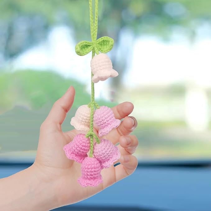 Car Rearview Mirror Hanging Ornament, Crochet Flower Basket Plant Accessories, Handmade Knitted Car Ornament Boho Accessories for Women (Lily of The Valley(Pink))