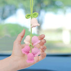 Car Rearview Mirror Hanging Ornament, Crochet Flower Basket Plant Accessories, Handmade Knitted Car Ornament Boho Accessories for Women (Lily of The Valley(Pink))