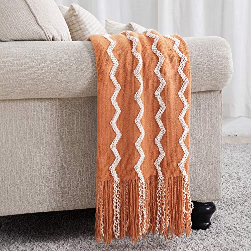 BOURINA Fluffy Chenille Knitted Fringe Throw Blanket Lightweight Soft Cozy for Bed Sofa Chair Throw Blankets, Orange 60"x80" - color: A-orange, size: 60"×80"