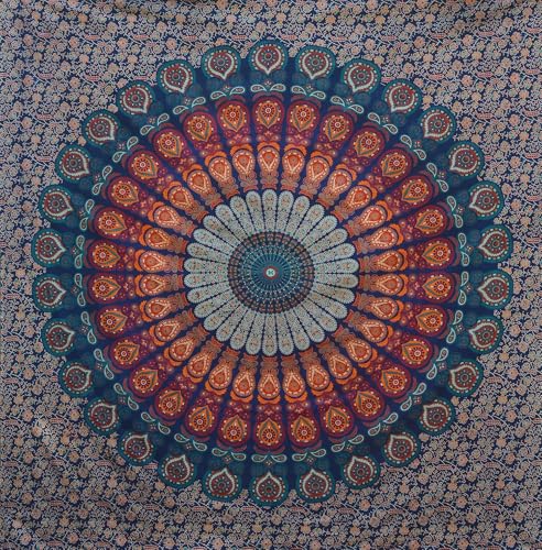 Bless International Handmade Indian hippie Bohemian Psychedelic Peacock Mandala Wall hanging College Dorm Beach Throws Table Cloth Bedding Tapestry (Golden Blue, Twin(54x72Inches)(140x185cms)) - color: Golden Blue, size: 72"L x 54"W