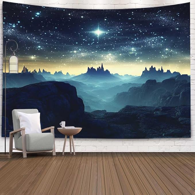 EMMTEEY Fantasy Tapestry Mountains under Starry Sky 60X50 Inch Ceiling Tapestry Wall Art Hanging Tapetries for Bedroom Living Room Dorm Décor