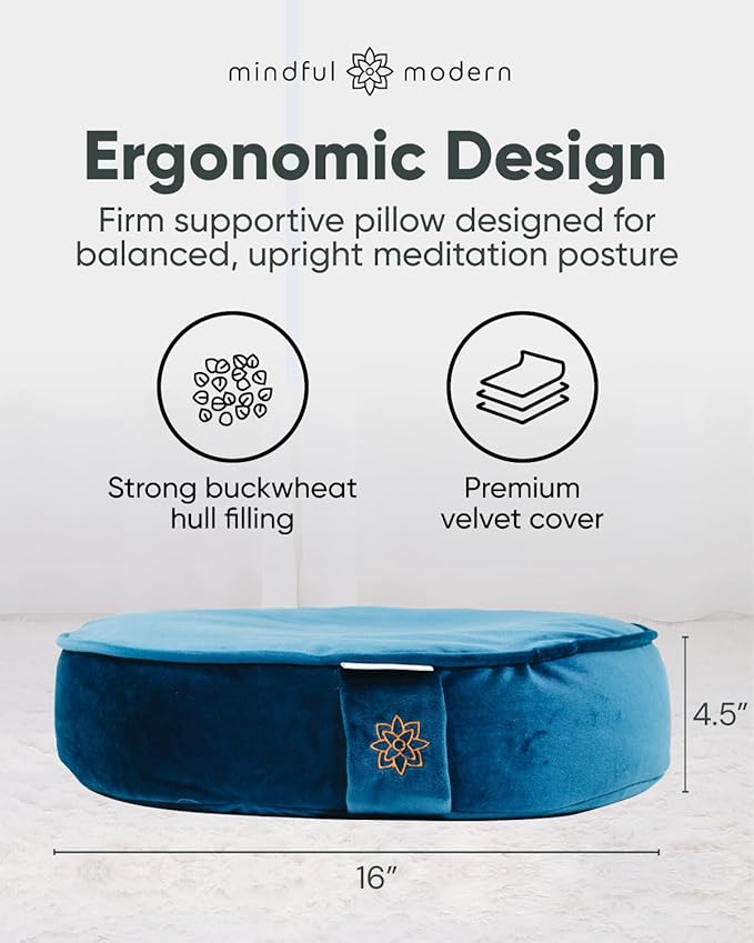 Mindful Modern Velvet Meditation Cushion | Luxe Zafu Yoga Floor Pillow Seat | Posture Support | Buckwheat Hull Filled | Large Round Cushion with Removable Washable Cover + Carry Handle