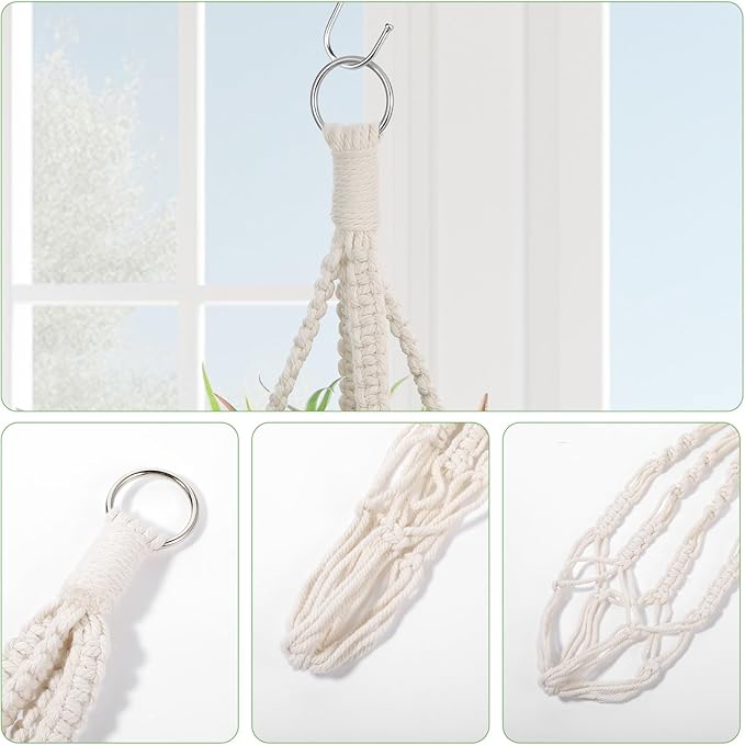 Handmade Macrame Plant Hangers, 2 Pack Cotton Boho Hanging Planters Baskets Plant Holder 19.6 Inch White Rope Flower Pot Holders for Indoor Outdoor Decor