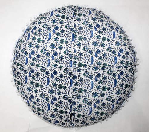 Sky Green Peacock Round Mandala Floor Pillow Cover Seating Cushion Throw Cover Hippie Decorative Bohemian Ottoman Pouf Cover, Pom Pom Pillow Cases,Boho Indian 32 Inches - color: Sky Green, size: 32" Round