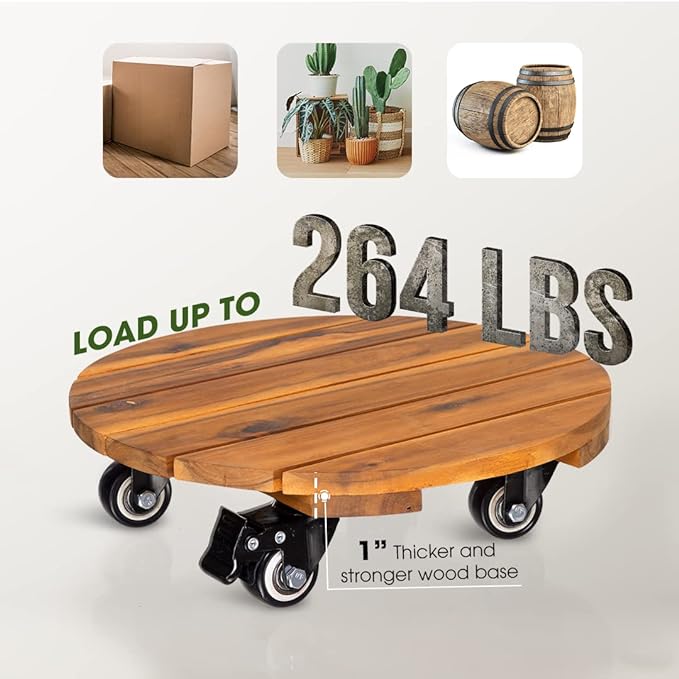 Idzo 2-Pack 14 Inch Acacia Wood Rolling Round Plant Caddy, Plant Caster for Heavy Duty Plant Stand with 360° Lockable Wheels, 264 lbs Capacity Caddy for Indoor and Outdoor Use, Natural Wood