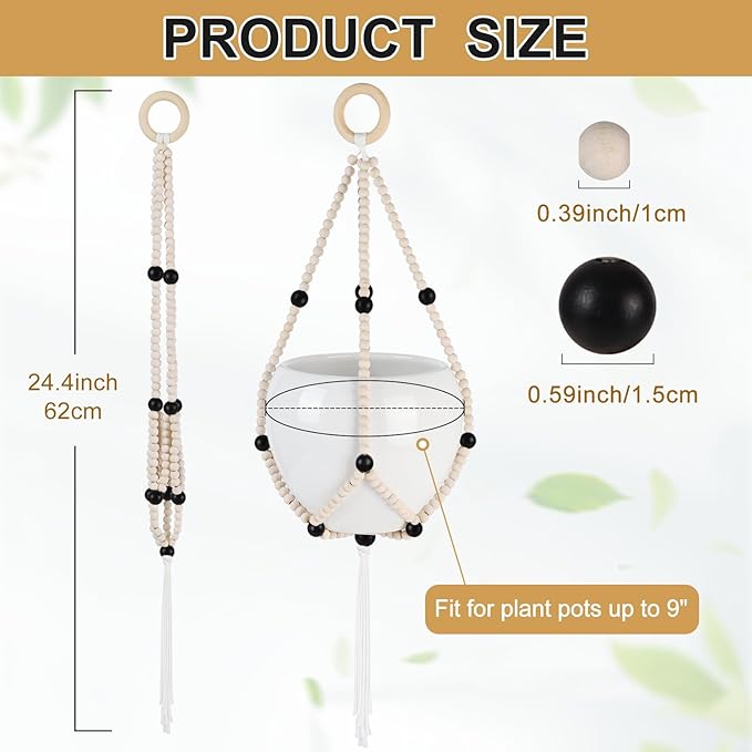 Hotfiary Plant Hanger Indoor Hanging Plant Holder Hang Planter Basket Wood Bead Decorative Flower Pot Holders Boho Farmhouse Rustic Decor Indoor Outdoor (Pot Not Included)