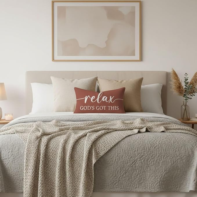 Decorative Throw Pillow Covers 12x20 Inch Set of 2 – Rust Christian Lumbar Pillowcase – Give It to God and Go to Sleep/Relax God’s Got This – Cozy Fall Thanksgiving Bedroom Bed Decor