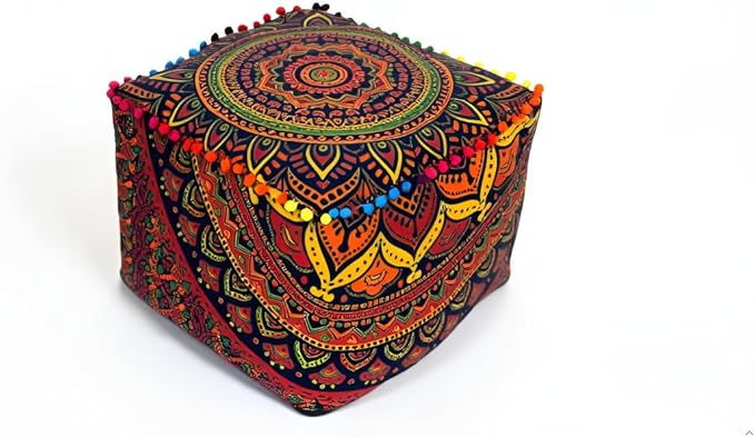 CRAFT KALA Square Mandala Floor Pillow Cushion Cover Seating Throw Cover Hippie Decorative Bohemian Ottoman Poufs Cover Pom Pillow Cases Cotton Living Room Home Décor 22X22X14 inches, New Blue Ombre