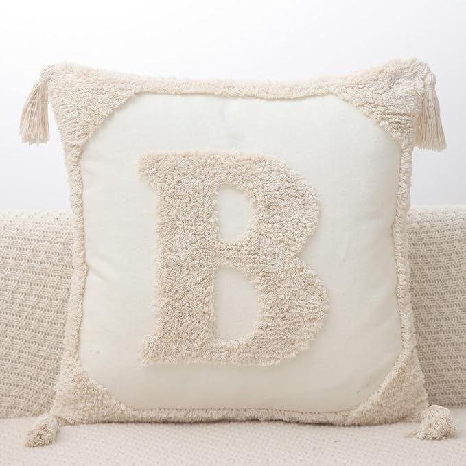 Monogram Pillow Covers with Tassels 18”x18” Modern Cotton Canvas Tufted Alphabet B Throw Pillow Covers for Sofa Couch Bed 26 English Letters Decorative Pillow Case for Sofa Throw Pillows