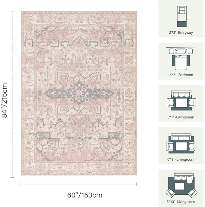 Pink Rug for Living Room Bedroom, 5x7 Washable Area Rugs, Cute Boho Style, Non Slip & Low Pile Faux Wool Carpet for Indoor Nursery Room, Classroom Dorm, Kids Room and Dining Room(Pink 5x7ft)