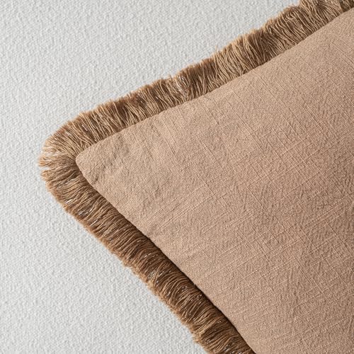 MIULEE Decorative Throw Pillow Covers Neutral Linen Fringe Throw Pillows Set of 2 Brown Boho Farmhouse Cushion Covers with Tassels for Couch Sofa Bed Living Room Spring Home Decor 18x18 Inch - color: Brown, size: 18" x 18" (Pack of 2)