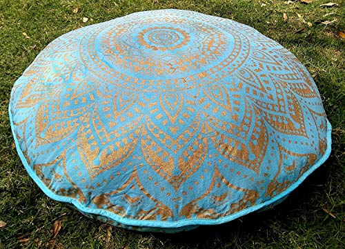 Mandala Barmeri Large Floor Pillow Cover Cushion Meditation Seating Ottoman Throw Cover Hippie Decorative Zipped Bohemian Pouf Ottoman Pom Pom Pillow Cases Black Silver Elephant Flower, 32 inch Round - color: Blue, size: 32" Round