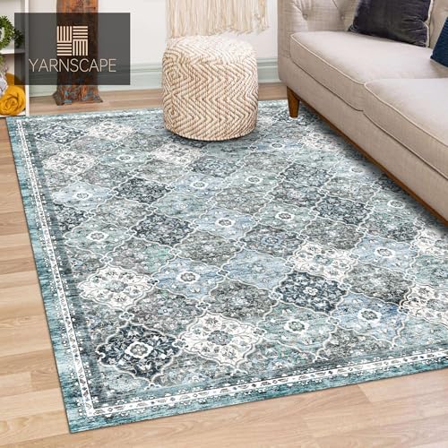 YARNSCAPE 3' x 5 ' Washable Area Rug - Low Pile Soft Vintage Indoor Rug for Living, Dining or Bedroom - Lightweight Carpet with Non-Slip Backing - Foldable for Easy Placement, Ocean Blue - color: Trellis-ocean Blue, size: 3' x 5' (Rectangular)