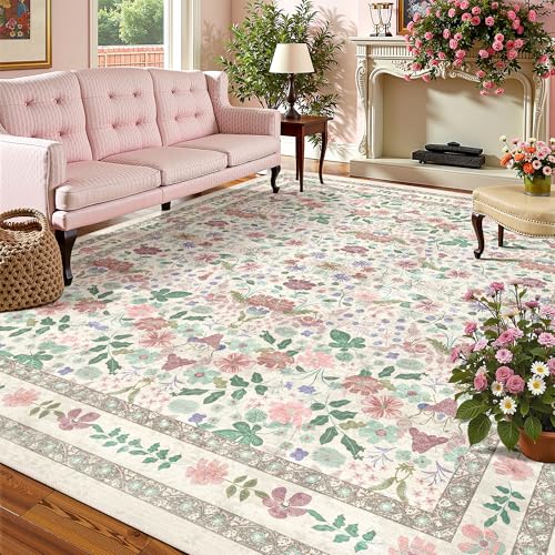 Deerly Floral Washable Rugs 8x10 Large Vintage Living Room Carpet Boho Non-Slip Soft Low Pile Thin Bedroom Floor Mat Indoor for Dining Room Playroom Nursery Farmhouse, Beige/Light Pink/Multi - color: Beige/Light Pink/Multi, size: 8' x 10' (Rectangular)