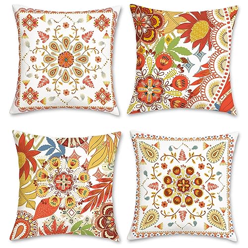 Bonhause Summer Boho Pillow Covers 18 x 18 Bohemian Floral Orange Decorative Pillows for Couch Sofa Bed Home Patio Decor Set of 4 - color: Orange & Green, size: 18" x 18" (Pack of 4)