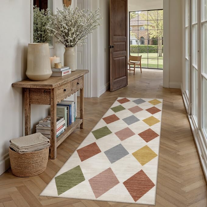 PureCozy Checkered 2x6 Runner Rug for Hallways Colorful Washable Long Carpet Non-Slip Low Pile Modern Soft Indoor Accent Throw Rugs for Entrance Kitchen Bedroom Dining Laundry - color: Checkered Berries, size: 2' x 6' (Runner)