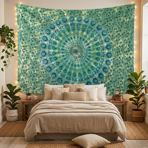 FURNISHFUL FINESSE Handmade Cotton Peacock Mandala Tapestry - Vivid Green Ombre Boho Wall Decor, Bohemian Hippie Room Hanging for Bedroom & Living Room - 54x84 Inches, (Green) - color: Green, size: 84"L x 54"W