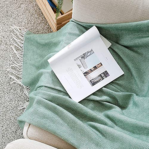 BOURINA Herringbone Tone Throw Blanket Faux Cashmere Fringe Soft Lightweight Cozy for Bed Couch Decorative Throws Blanket, Green 50" x 60" - color: Green, size: 50"x60"