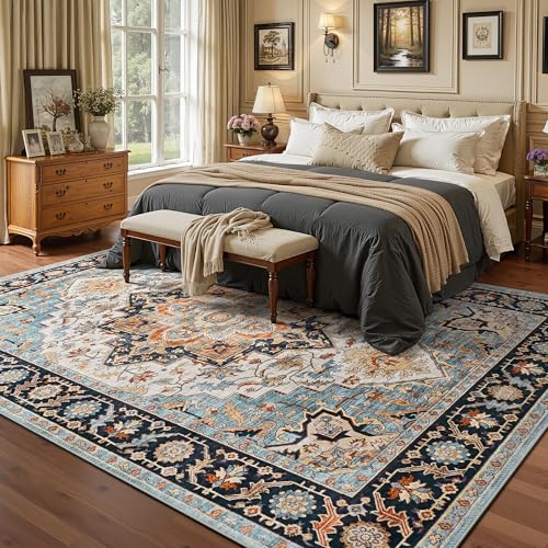 Foxmas 5x7 Area Rugs for Living Room, Machine Washable Vintage Rug, Non-Slip Low Pile Throw Rugs with Rubber Backing Washable Carpet for Bedroom Dining Room Kitchen Home Decor, Wood & Blue - color: Wood & Blue, size: 5' X 7' (Rectangular)