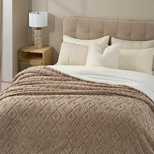 EverGrace Jacquard Boho Sherpa Fleece Throw Blanket for Couch, Super Soft Cozy Fuzzy Plush Blankets for Winter, Reversible Thick Warm Blanket for Bed, Sofa, Living Room, Khaki Tan, 108" x 90" - color: Khaki Tan, size: 108x90 Inches