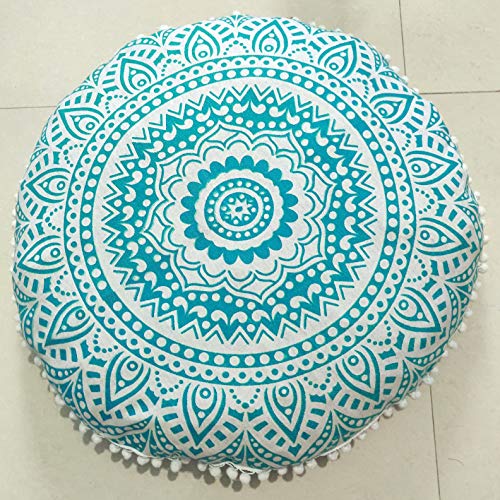 CRAFT KALA Mandala Floor Pillow Cushion Cover Seating Throw Cover Hippie Decorative Bohemian Ottoman Poufs Pom Pom Pillow Cases Boho Indian Cotton Living Room Yoga Home Décor (24" Round, Green Ombre) - color: Green Ombre, size: 24" x 24" (Pack of 1)