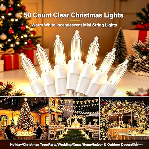 TIGOMOOV 50 Count Mini Clear White Christmas Lights-120V Plug-in End to End Connectable Incandescent String Lights,13FT White Wire -UL Certified Christmas Tree Lights for Indoor Outdoor Holiday Decor