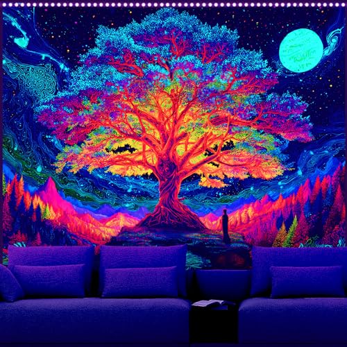 AOHMPT Blacklight Tree of Life Tapestry Trippy Fluorescent Wall Hanging Psychedelic Moon Mountain Glow in the Dark Galaxy Tapestries for Bedroom Decor, 79x59 In - color: Tree(2), size: 79"L x 59"W