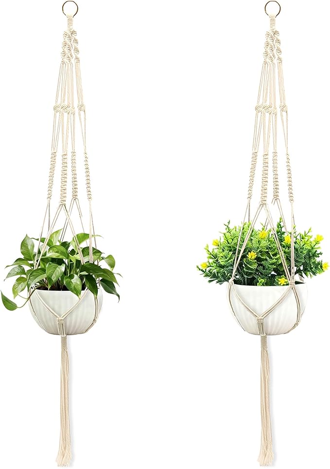 Macrame Plant Hanger, Hanging Planter Basket with Decorative Tassels, Decorative Flower Pot Holder for Indoor Outdoor Boho Home Decor, Set of 2 (Metal Hanging Ring)