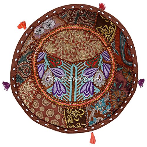 Bohemian Footstool Vintage Fabric Patchwork 18" Embroidered Ottoman Stool Pouf Cover Brown Floral Furniture Living Room Case Bean Bag Decor - color: Dark Brown
