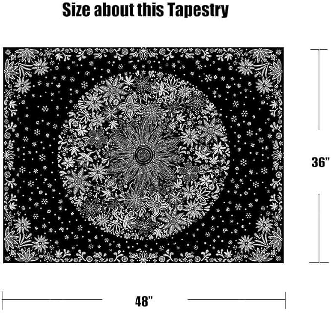 Neasow Bohemian Tapestry Wall Hanging, Black and White Floral Tapestry with Dotted Daisy Medallion Print Bedroom Boho Hippie Home Decor 36×48 inch