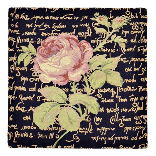 18x18 Tapestry Pillow Cover, Jacquard Woven Pink Rose with Calligraphy Script, Vintage Floral Decorative Throw Pillow Sham for Couch, Victorian Accent Cushion Case (Antique Charcoal & Script Rose) - color: Antique Charcoal & Script Gold Rose