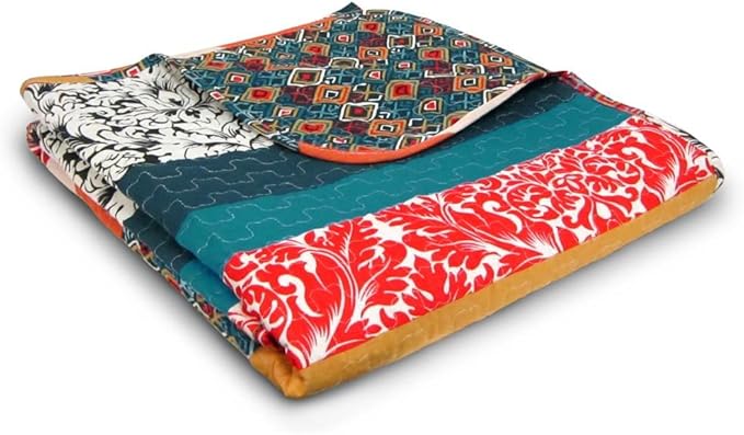 Lush Decor Boho Stripe Reversible Cotton Throw Blanket, 50" W x 60" L, Turquoise & Tangerine - Striped Throw Blankets for Bed - Couch Blanket - Boho Throw Blanket for Couch