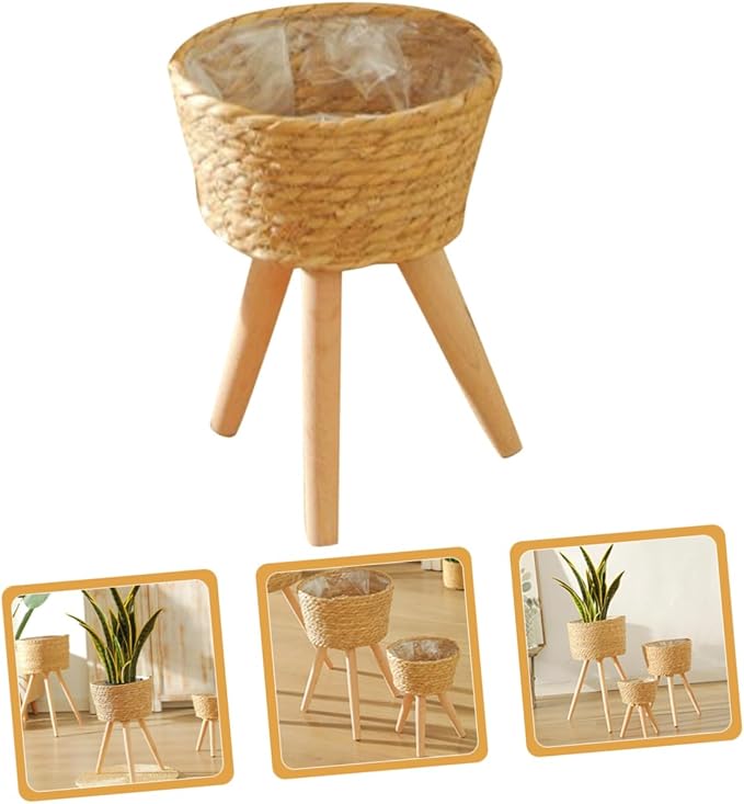 Wooden Woven Plant Stand with Legs Minimalist Rattan Planter Pot Holder for Indoor Succulent Display Durable Flower Basket for Living Room and Balcony