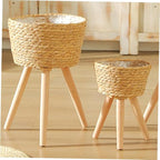 Wooden Woven Plant Stand with Legs Minimalist Rattan Planter Pot Holder for Indoor Succulent Display Durable Flower Basket for Living Room and Balcony