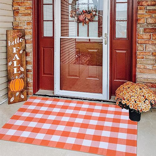 Fall Plaid Area Rug 4x6 Ft, Orange and White Buffalo Check Large Farmhouse Cotton Rug, Hand-Woven Washable Indoor Outdoor Carpet for Halloween Thanksgiving Autumn Porch Patio Decor - color: Orange & White, size: 4' x 6' (Rectangular)