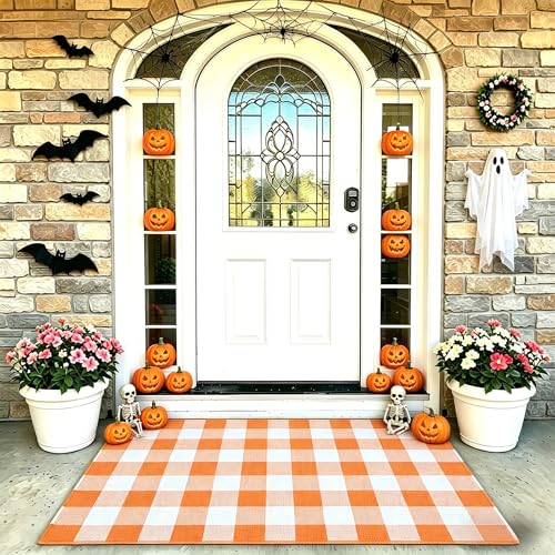 MUBIN Cotton Buffalo Plaid Rug, 3' x 5' Orange White Outdoor Rug Front Door Decorative Mat, Washable Halloween Doormat Foldable Area Rug Layered Door Mats Rug for Front Porch, Entryway, Patio - color: Orange White Plaid, size: 3' x 5' (Rectangular)