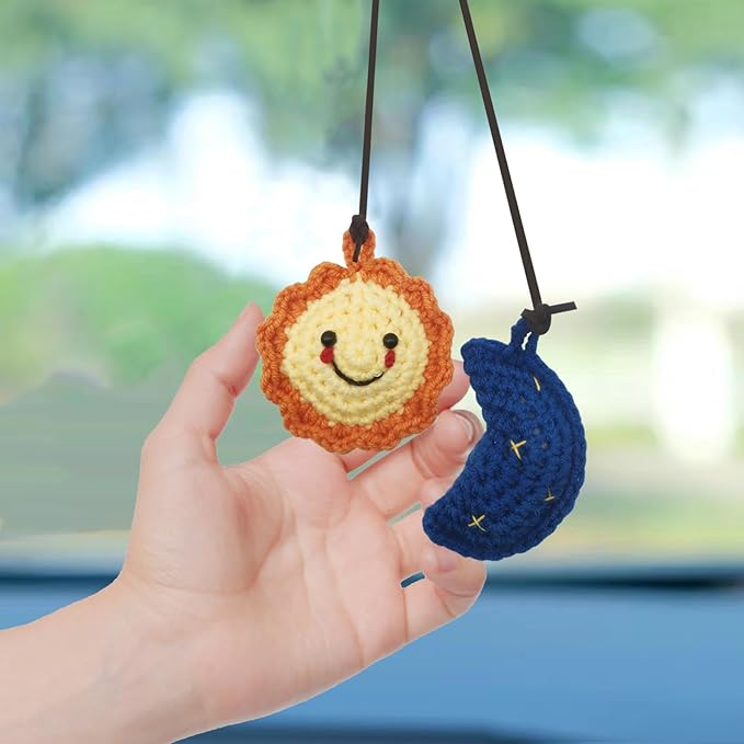 Car Rearview Mirror Hanging Ornament, Crochet Flower Basket Plant Accessory, Handmade Knitted Boho Car Ornament for Women (Sun and Moon)