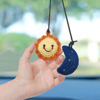 Car Rearview Mirror Hanging Ornament, Crochet Flower Basket Plant Accessory, Handmade Knitted Boho Car Ornament for Women (Sun and Moon)