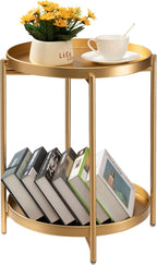TeoKJ 2 Tier Round Side Table, Folding Metal Small Bedside Nightstand for with Two Removable Tray for Bedroom Living Room Bedside Small Spaces Gold