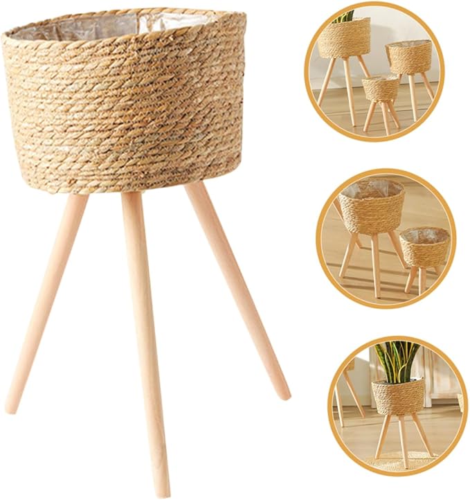 Wooden Woven Plant Stand with Legs Minimalist Rattan Planter Pot Holder for Indoor Succulent Display Durable Flower Basket for Living Room and Balcony