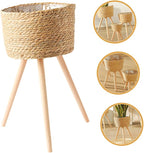 Wooden Woven Plant Stand with Legs Minimalist Rattan Planter Pot Holder for Indoor Succulent Display Durable Flower Basket for Living Room and Balcony