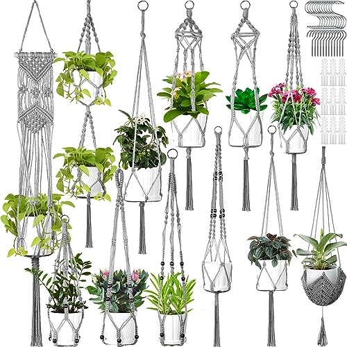 Hoteam 12 Pcs Macrame Plant Hangers Macrame Hanging Planters for Indoor Plants Handmade Boho Hanging Baskets Flower Pots Holder for Outdoor Home Wall Decor - color: Gray