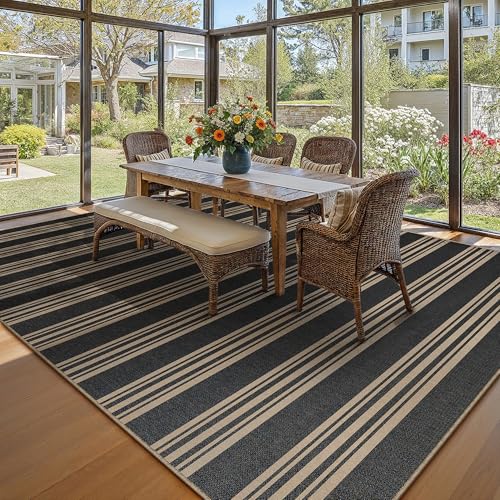 PureCozy Striped Easy Jute Rug 6x9 Black Living Room Carpet Washable Non Slip Bedroom Rug Farmhouse Neutral Non Shedding Indoor Outdoor Large Carpet for Dining Room Under Table Office - color: Black/Striped, size: 6' x 9' (Rectangular)